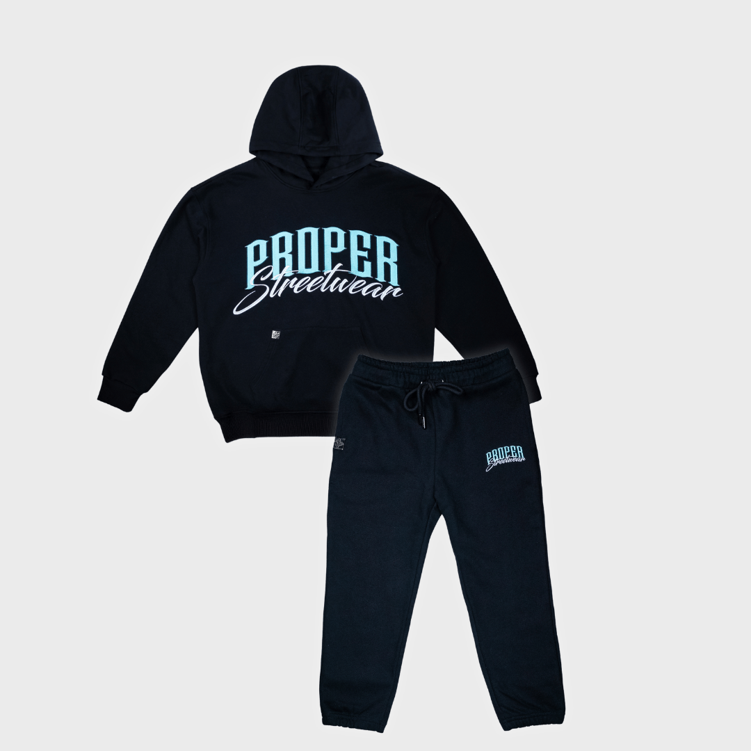 PROPER KIDS SIGNATURE HOODIE SET BLACK/ICY BLUE - Proper Streetwear