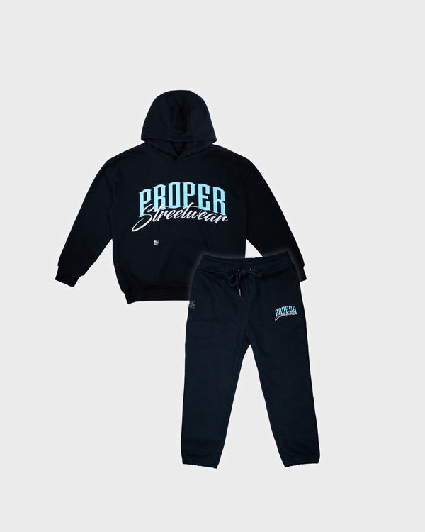 PROPER KIDS SIGNATURE HOODIE SET BLACK/ICY BLUE - Proper Streetwear
