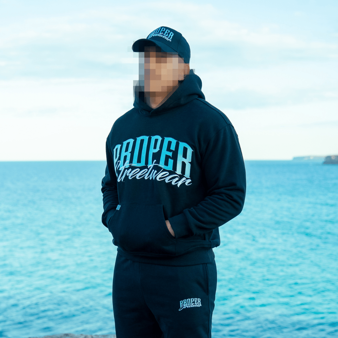 PROPER SIGNATURE HOODIE BLACK/ICY BLUE - Proper Streetwear