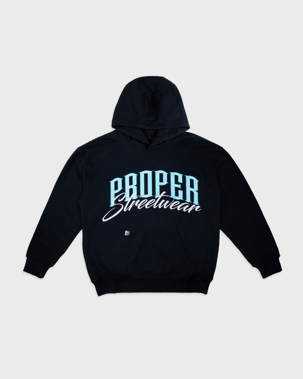 PROPER SIGNATURE HOODIE BLACK/ICY BLUE - Proper Streetwear
